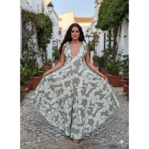 KIRX Floral Wide Leg Jumpsuit V Neck Tie Shoulder Sage Green White